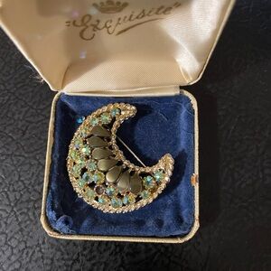 Gold and Green Crescent Moon Brooch Jewelry
